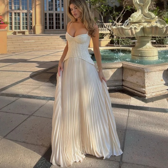Daniella Lace Corset Pleated Maxi Dress - Cream - Picture 1 of 2
